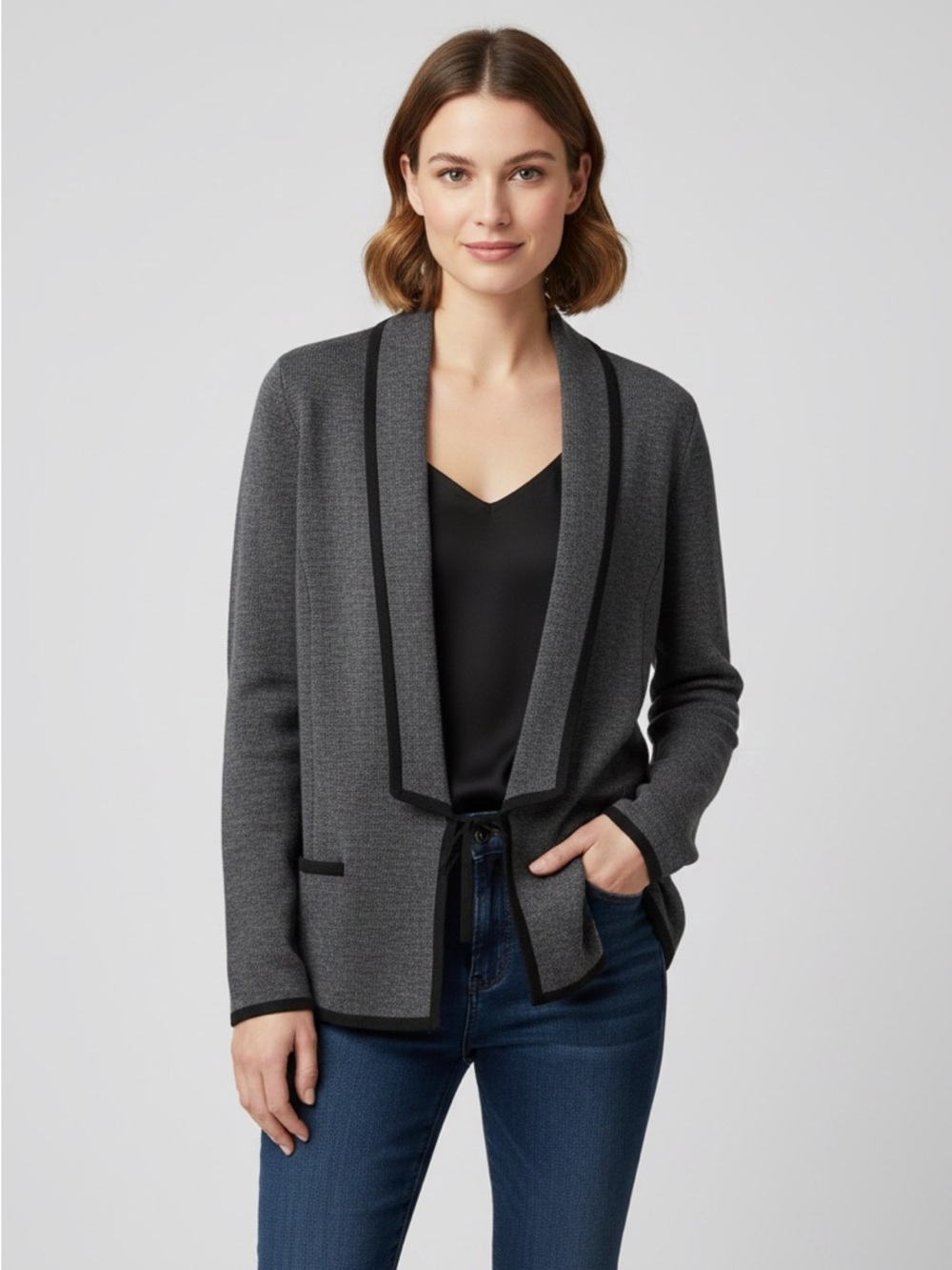 Ann Taylor Loft Wool Blend Classic Cardigan Gray With Black Trim Large